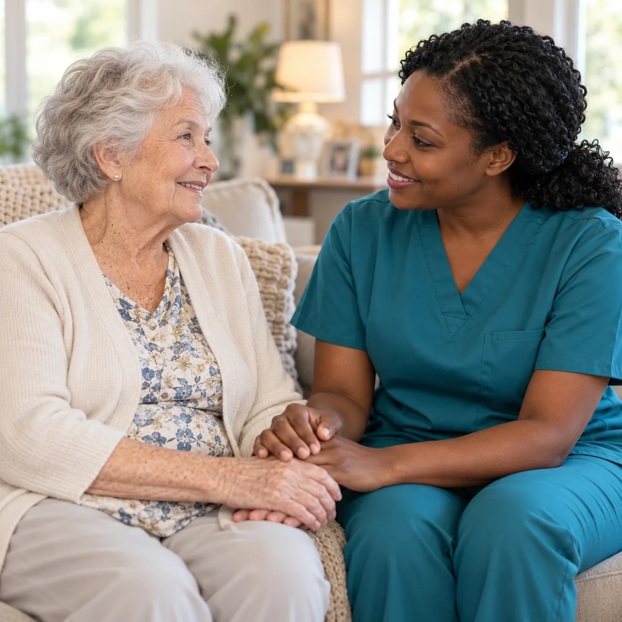 Promotional illustration of a nurse supporting an older woman at home