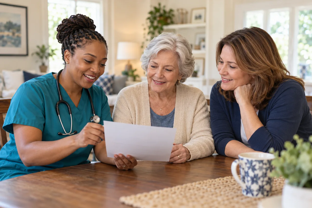 Promotional illustration of a nurse explaining care instructions with an older adult and family member