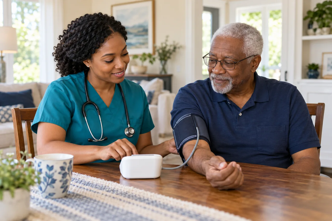 Promotional illustration of a nurse supporting blood pressure monitoring at home