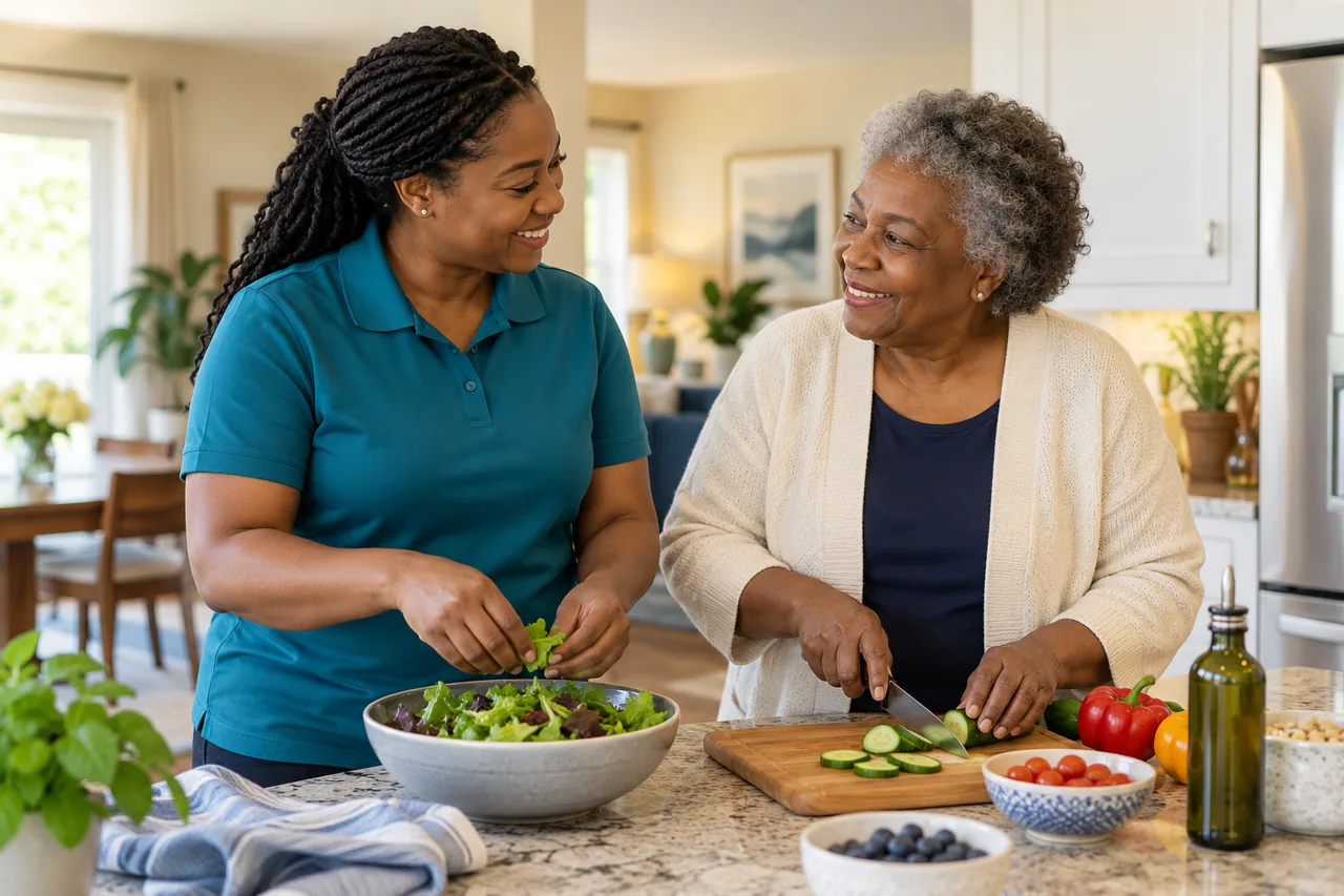 Promotional illustration of a caregiver and older adult preparing a meal together