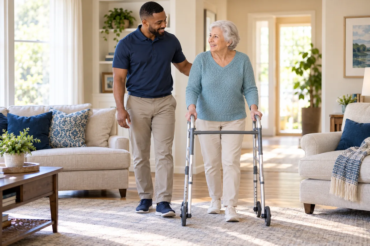 Promotional illustration of a therapist supporting an older adult using a walker at home